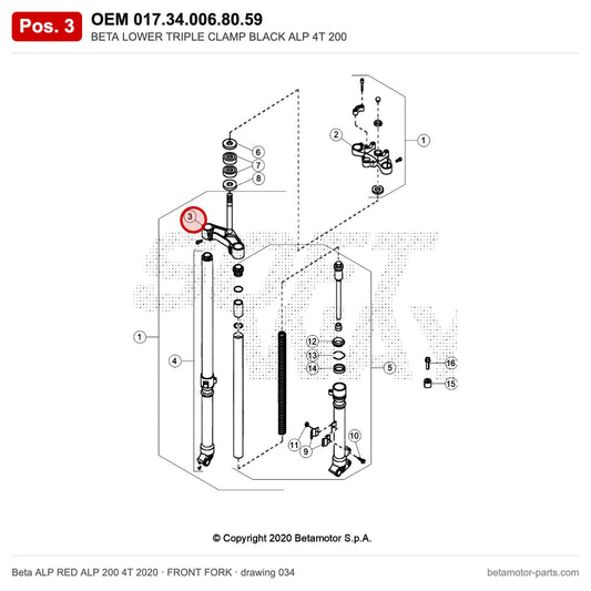 BETA LOWER TRIPLE CLAMP BLACK ALP 4T 200 – OEM 017.34.006.80.59, position 3 on the Beta ALP RED ALP 200 4T 2020 front fork drawing