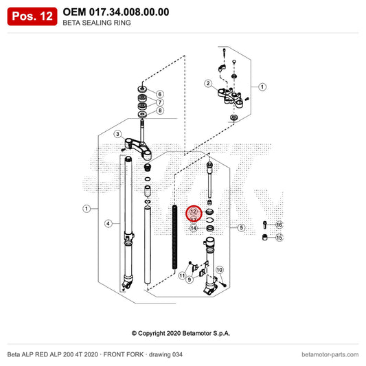 BETA SEALING RING – OEM 017.34.008.00.00, position 12 on the Beta ALP RED ALP 200 4T 2020 front fork drawing