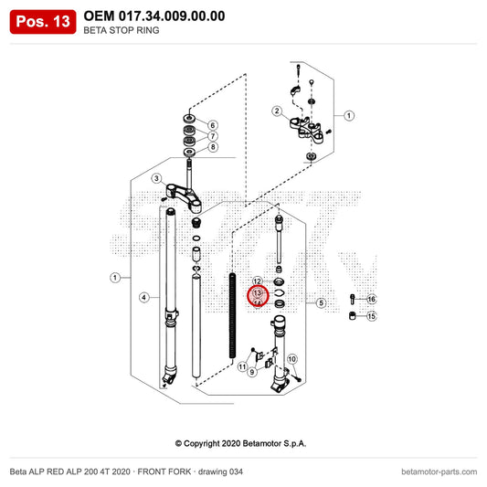 BETA STOP RING – OEM 017.34.009.00.00, position 13 on the Beta ALP RED ALP 200 4T 2020 front fork drawing