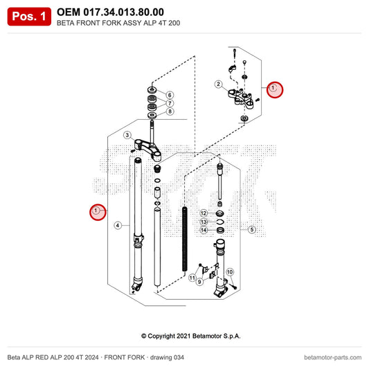 BETA FRONT FORK ASSY ALP 4T 200 – OEM 017.34.013.80.00, position 1 on the Beta ALP RED ALP 200 4T 2024 front fork drawing