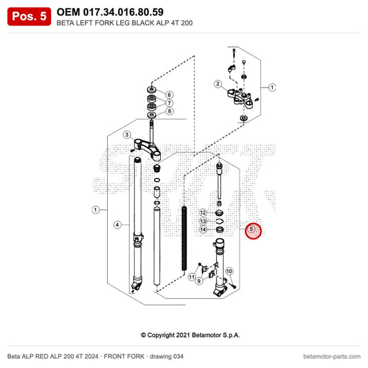 BETA LEFT FORK LEG BLACK ALP 4T 200 – OEM 017.34.016.80.59, position 5 on the Beta ALP RED ALP 200 4T 2024 front fork drawing