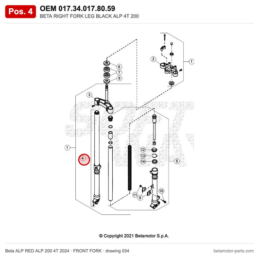 BETA RIGHT FORK LEG BLACK ALP 4T 200 – OEM 017.34.017.80.59, position 4 on the Beta ALP RED ALP 200 4T 2024 front fork drawing