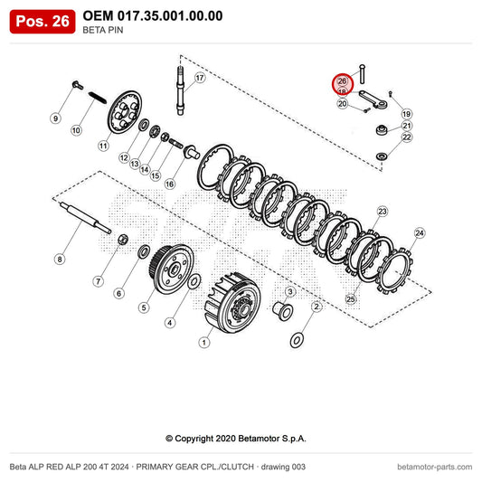 BETA PIN – OEM 017.35.001.00.00, position 26 on the Beta ALP RED ALP 200 4T 2024 primary gear cpl./clutch drawing