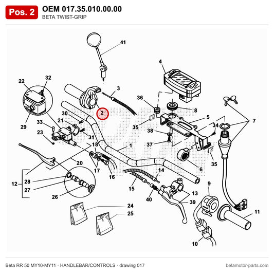 BETA TWIST-GRIP – OEM 017.35.010.00.00, position 2 on the Beta RR 50 MY10-MY11 handlebar/controls drawing