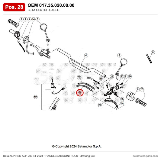 BETA CLUTCH CABLE – OEM 017.35.020.00.00, position 28 on the Beta ALP RED ALP 200 4T 2024 handlebar/controls drawing