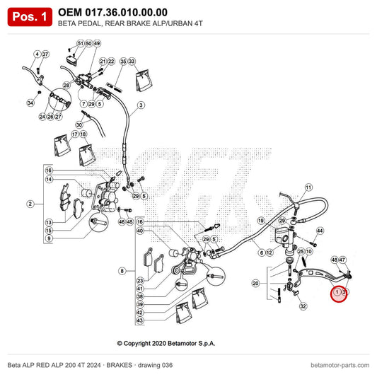BETA PEDAL, REAR BRAKE ALP/URBAN 4T – OEM 017.36.010.00.00, position 1 on the Beta ALP RED ALP 200 4T 2024 brakes drawing