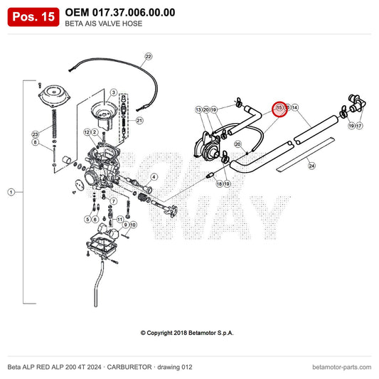 BETA AIS VALVE HOSE – OEM 017.37.006.00.00, position 15 on the Beta ALP RED ALP 200 4T 2024 carburetor drawing