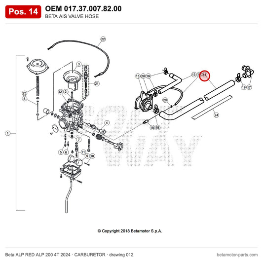 BETA AIS VALVE HOSE – OEM 017.37.007.82.00, position 14 on the Beta ALP RED ALP 200 4T 2024 carburetor drawing