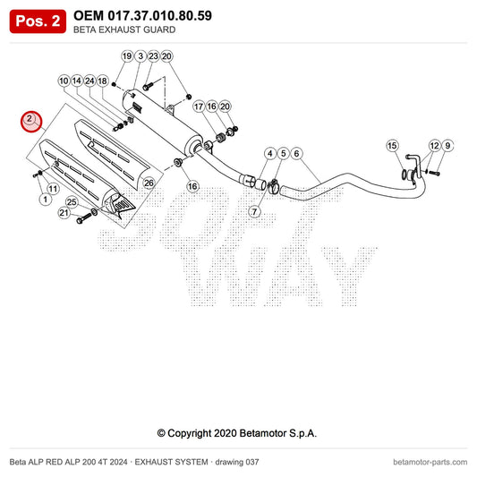 BETA EXHAUST GUARD – OEM 017.37.010.80.59, position 2 on the Beta ALP RED ALP 200 4T 2024 exhaust system drawing