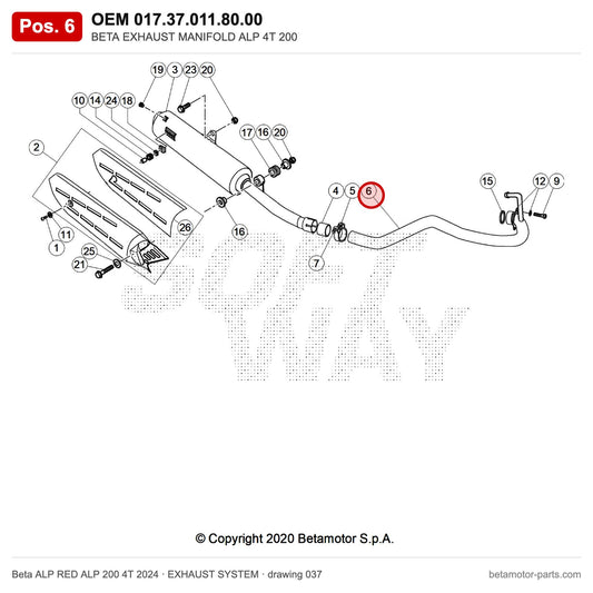 BETA EXHAUST MANIFOLD ALP 4T 200 – OEM 017.37.011.80.00, position 6 on the Beta ALP RED ALP 200 4T 2024 exhaust system drawing