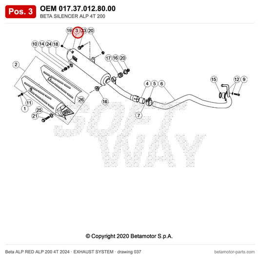 BETA SILENCER ALP 4T 200 – OEM 017.37.012.80.00, position 3 on the Beta ALP RED ALP 200 4T 2024 exhaust system drawing