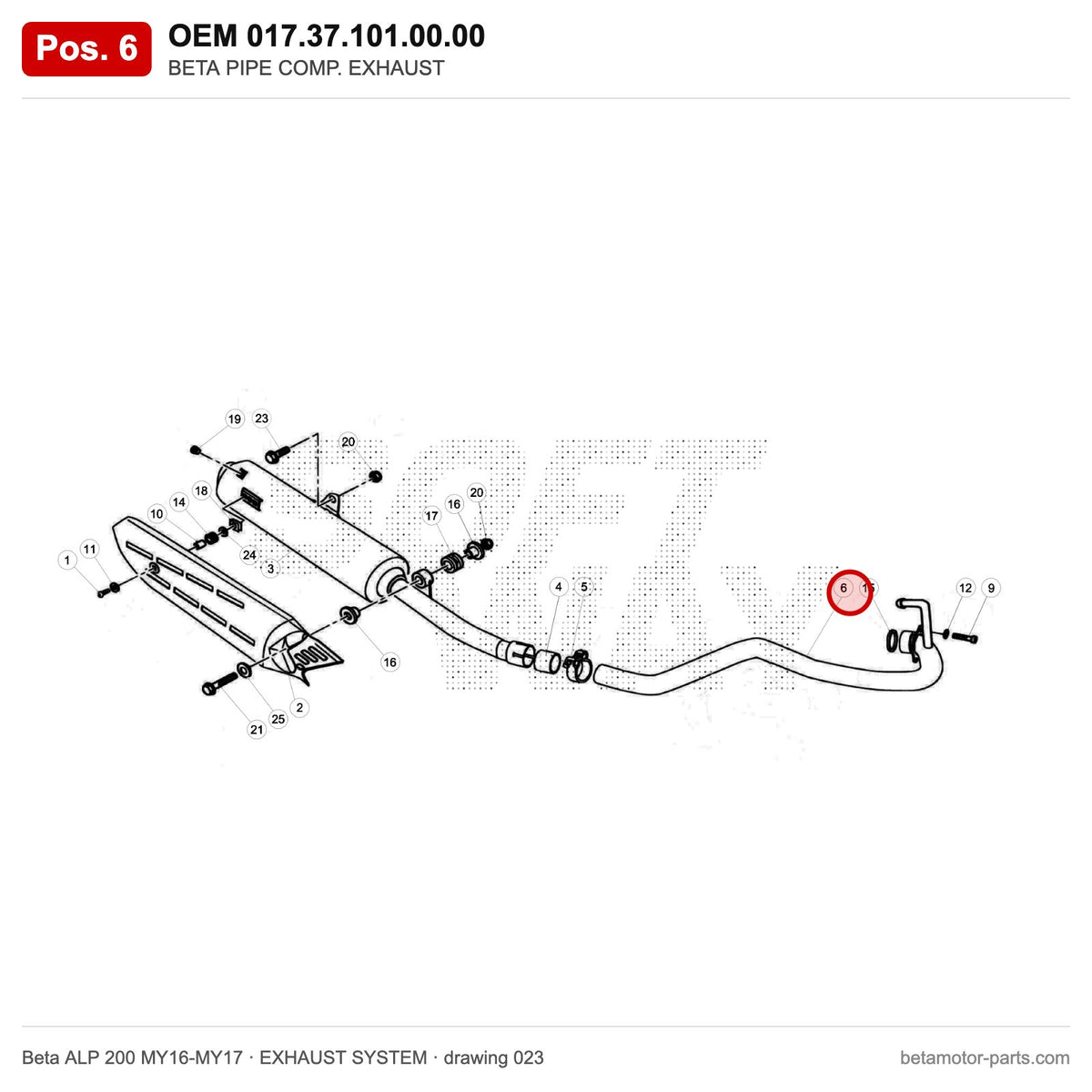 BETA PIPE COMP. EXHAUST – OEM 017.37.101.00.00, position 6 on the Beta ALP 200 MY16-MY17 exhaust system drawing