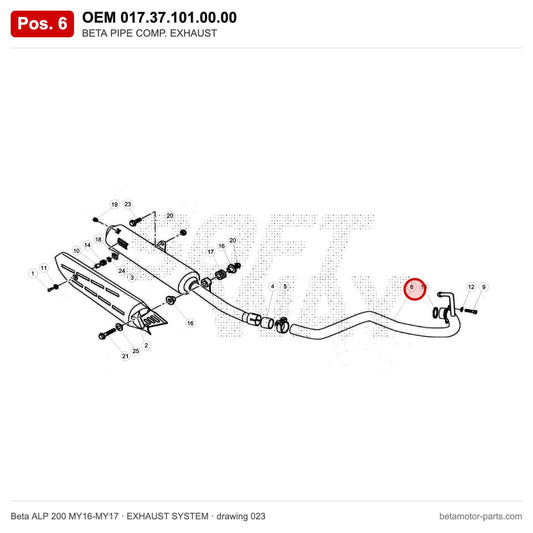 BETA PIPE COMP. EXHAUST – OEM 017.37.101.00.00, position 6 on the Beta ALP 200 MY16-MY17 exhaust system drawing