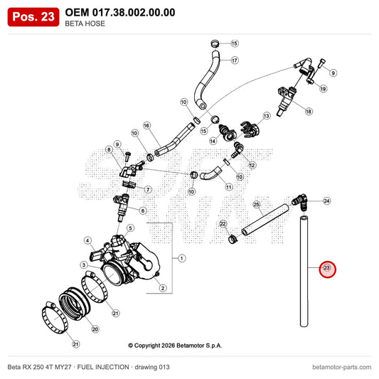 BETA HOSE – OEM 017.38.002.00.00, position 23 on the Beta RX 250 4T MY27 fuel injection drawing