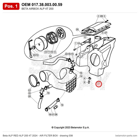 BETA AIRBOX ALP 4T 200 – OEM 017.38.003.00.59, position 1 on the Beta ALP RED ALP 200 4T 2024 air filter box drawing