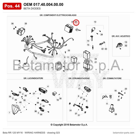 BETA DIODES – OEM 017.40.004.00.00, position 44 on the Beta RR 125 MY16 wiring harness drawing