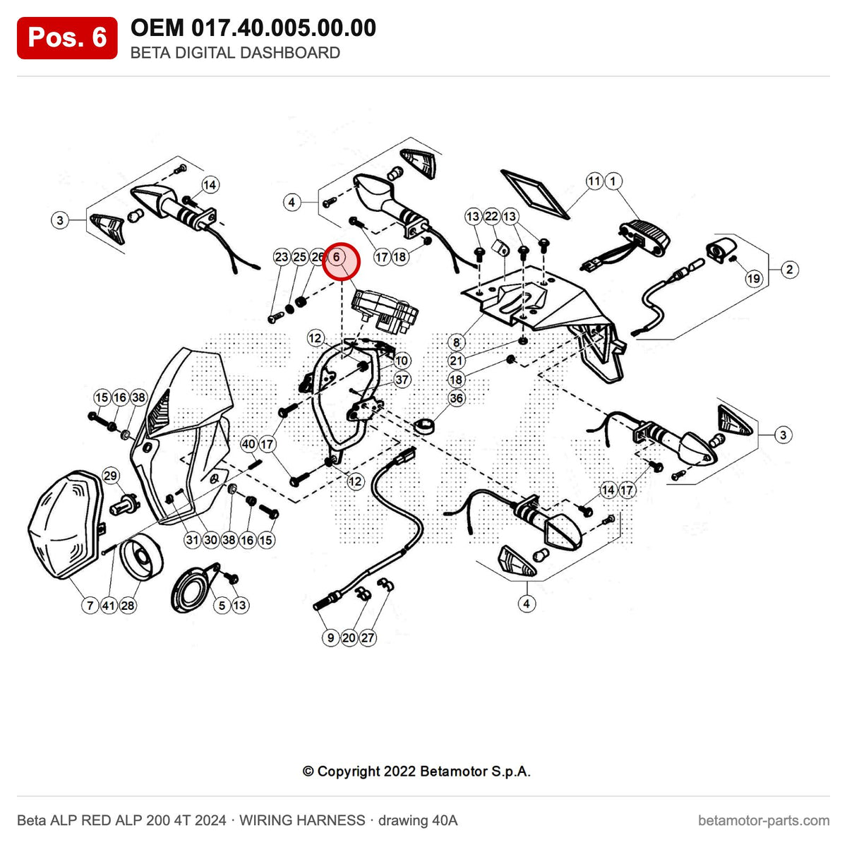 BETA DIGITAL DASHBOARD – OEM 017.40.005.00.00, position 6 on the Beta ALP RED ALP 200 4T 2024 wiring harness drawing