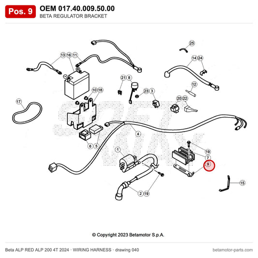 BETA REGULATOR BRACKET – OEM 017.40.009.50.00, position 9 on the Beta ALP RED ALP 200 4T 2024 wiring harness drawing