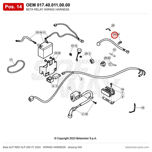 BETA RELAY WIRING HARNESS – OEM 017.40.011.00.00, position 14 on the Beta ALP RED ALP 200 4T 2024 wiring harness drawing