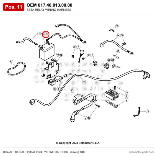 BETA RELAY WIRING HARNESS – OEM 017.40.013.00.00, position 11 on the Beta ALP RED ALP 200 4T 2024 wiring harness drawing