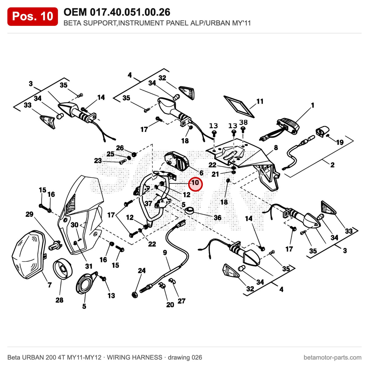 BETA SUPPORT,INSTRUMENT PANEL ALP/URBAN MY'11 – OEM 017.40.051.00.26, position 10 on the Beta URBAN 200 4T MY11-MY12 wiring harness drawing