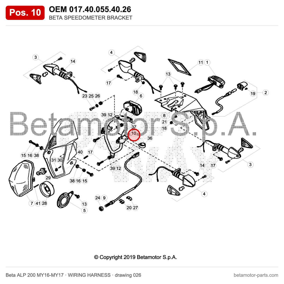 BETA SPEEDOMETER BRACKET – OEM 017.40.055.40.26, position 10 on the Beta ALP 200 MY16-MY17 wiring harness drawing