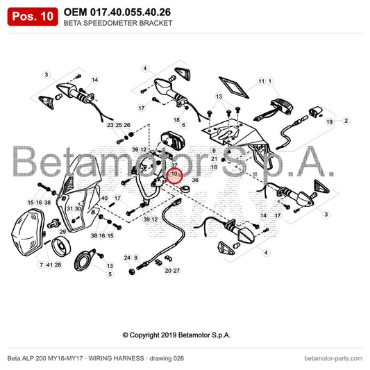 BETA SPEEDOMETER BRACKET – OEM 017.40.055.40.26, position 10 on the Beta ALP 200 MY16-MY17 wiring harness drawing