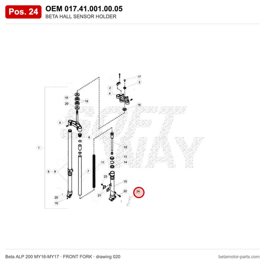 BETA HALL SENSOR HOLDER – OEM 017.41.001.00.05, position 24 on the Beta ALP 200 MY16-MY17 front fork drawing
