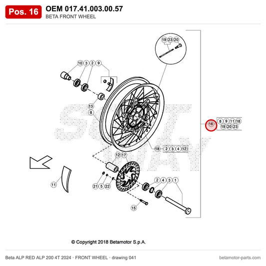 BETA FRONT WHEEL – OEM 017.41.003.00.57, position 16 on the Beta ALP RED ALP 200 4T 2024 front wheel drawing