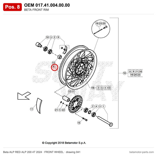 BETA FRONT RIM – OEM 017.41.004.00.00, position 8 on the Beta ALP RED ALP 200 4T 2024 front wheel drawing