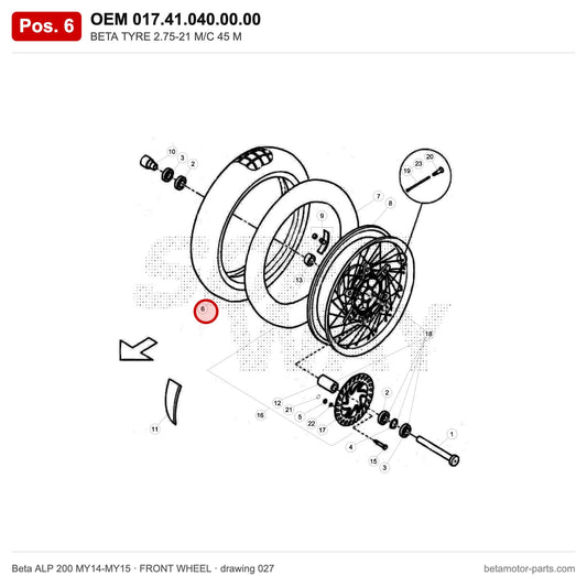 BETA TYRE 2.75-21 M/C 45 M – OEM 017.41.040.00.00, position 6 on the Beta ALP 200 MY14-MY15 front wheel drawing