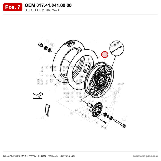 BETA TUBE 2.50/2.75-21 – OEM 017.41.041.00.00, position 7 on the Beta ALP 200 MY14-MY15 front wheel drawing