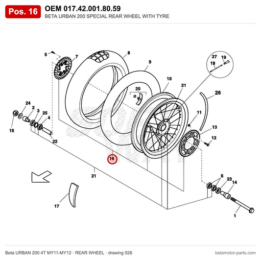 BETA URBAN 200 SPECIAL REAR WHEEL WITH TYRE – OEM 017.42.001.80.59, position 16 on the Beta URBAN 200 4T MY11-MY12 rear wheel drawing