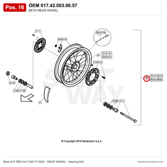 BETA REAR WHEEL – OEM 017.42.003.00.57, position 16 on the Beta ALP RED ALP 200 4T 2024 rear wheel drawing