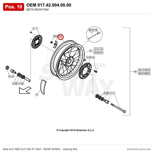BETA REAR RIM – OEM 017.42.004.00.00, position 10 on the Beta ALP RED ALP 200 4T 2024 rear wheel drawing