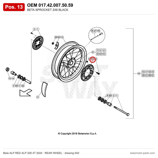 BETA SPROCKET Z48 – OEM 017.42.007.50.59, position 13 on the Beta ALP RED ALP 200 4T 2024 rear wheel drawing