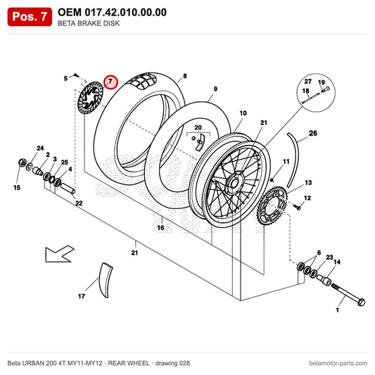 BETA BRAKE DISK – OEM 017.42.010.00.00, position 7 on the Beta URBAN 200 4T MY11-MY12 rear wheel drawing
