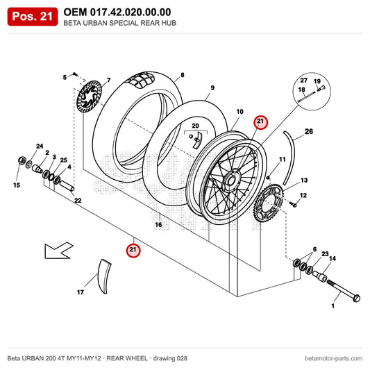 BETA URBAN SPECIAL REAR HUB – OEM 017.42.020.00.00, position 21 on the Beta URBAN 200 4T MY11-MY12 rear wheel drawing