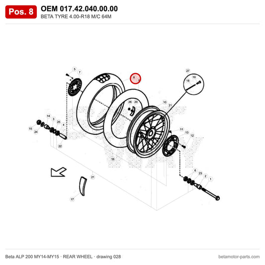 BETA TYRE 4.00-R18 M/C 64M – OEM 017.42.040.00.00, position 8 on the Beta ALP 200 MY14-MY15 rear wheel drawing