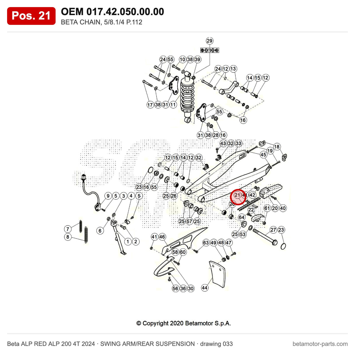 BETA CHAIN, 5/8.1/4 P.112 – OEM 017.42.050.00.00, position 21 on the Beta ALP RED ALP 200 4T 2024 swing arm/rear suspension drawing