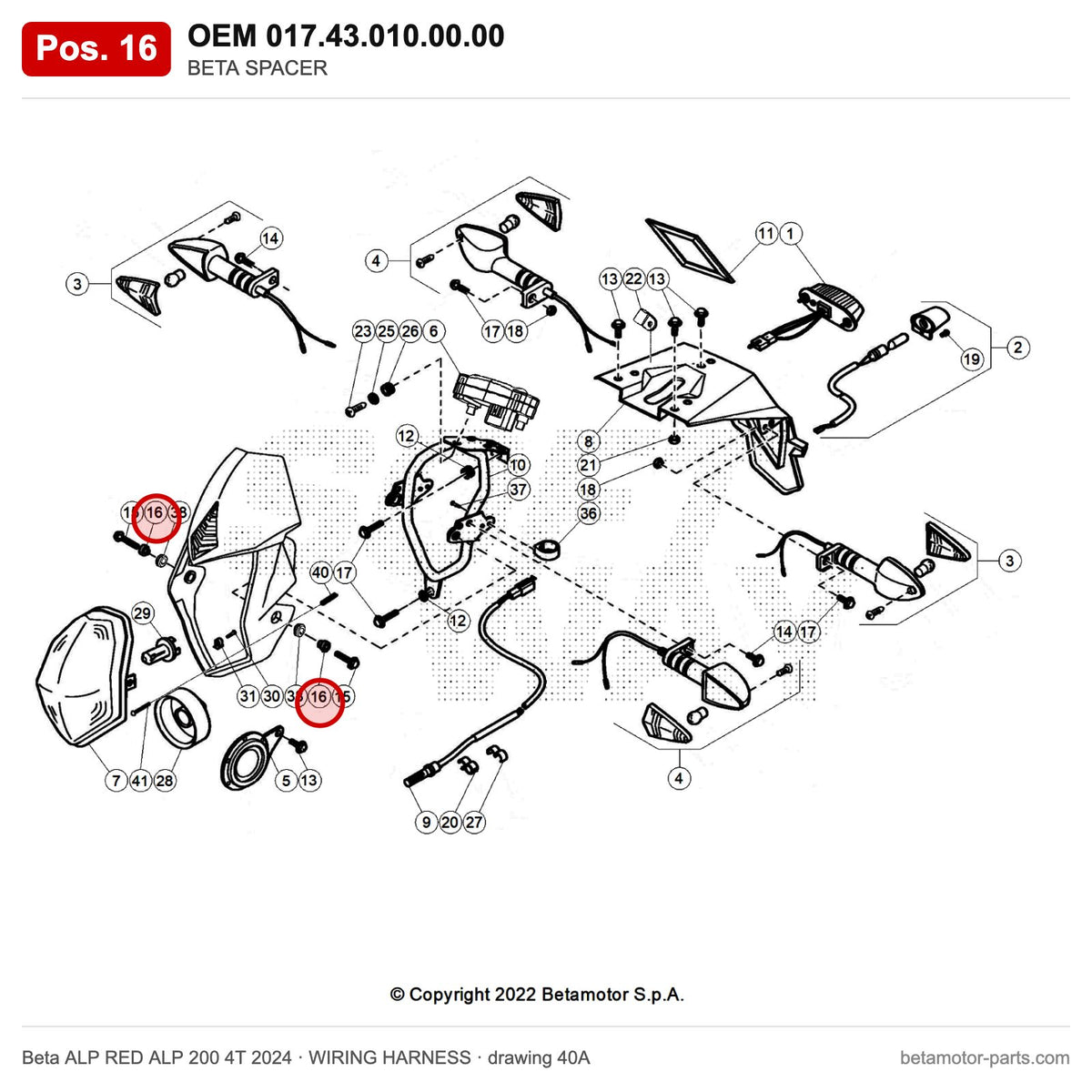 BETA SPACER – OEM 017.43.010.00.00, position 16 on the Beta ALP RED ALP 200 4T 2024 wiring harness drawing