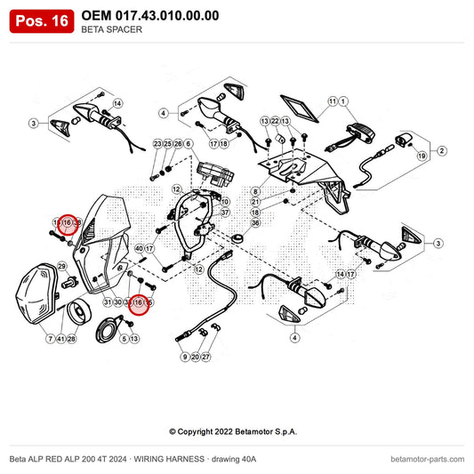 BETA SPACER – OEM 017.43.010.00.00, position 16 on the Beta ALP RED ALP 200 4T 2024 wiring harness drawing