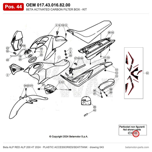 BETA ACTIVATED CARBON FILTER BOX - KIT – OEM 017.43.016.82.00, position 44 on the Beta ALP RED ALP 200 4T 2024 plastic accessories/seat/tank drawing