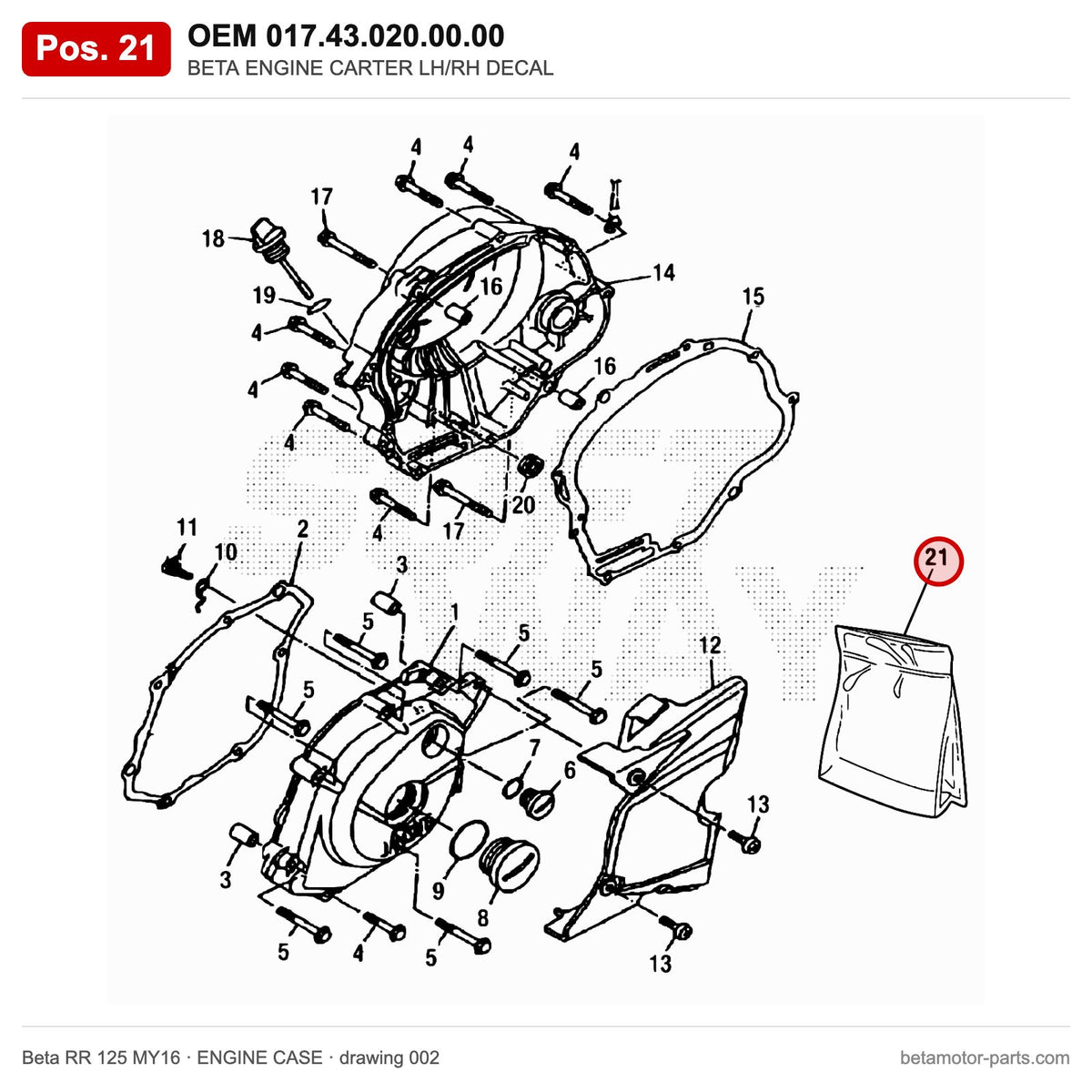 BETA ENGINE CARTER LH/RH DECAL – OEM 017.43.020.00.00, position 21 on the Beta RR 125 MY16 engine case drawing