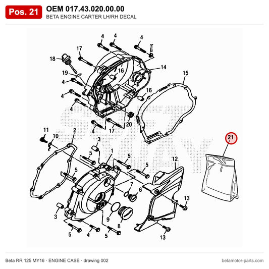BETA ENGINE CARTER LH/RH DECAL – OEM 017.43.020.00.00, position 21 on the Beta RR 125 MY16 engine case drawing