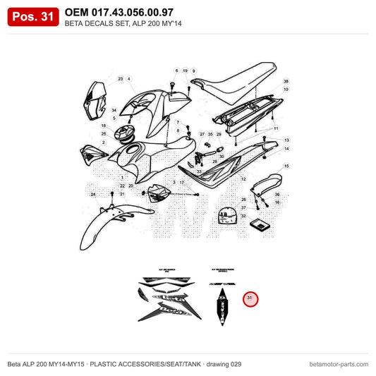 BETA DECALS SET, ALP 200 MY'14 – OEM 017.43.056.00.97, position 31 on the Beta ALP 200 MY14-MY15 plastic accessories/seat/tank drawing