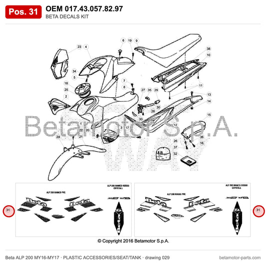 BETA DECALS KIT – OEM 017.43.057.82.97, position 31 on the Beta ALP 200 MY16-MY17 plastic accessories/seat/tank drawing