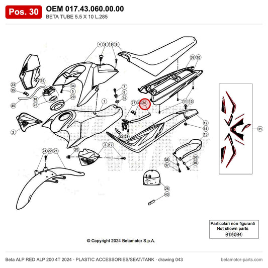 BETA TUBE 5.5 X 10 L.285 – OEM 017.43.060.00.00, position 30 on the Beta ALP RED ALP 200 4T 2024 plastic accessories/seat/tank drawing