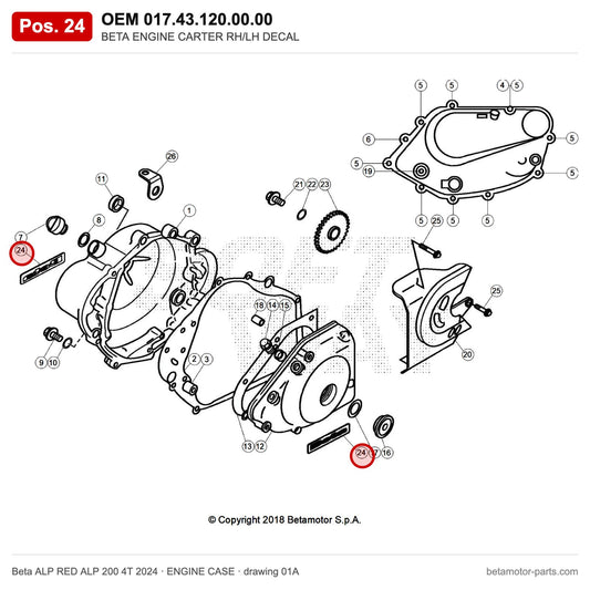 BETA ENGINE CARTER RH/LH DECAL – OEM 017.43.120.00.00, position 24 on the Beta ALP RED ALP 200 4T 2024 engine case drawing