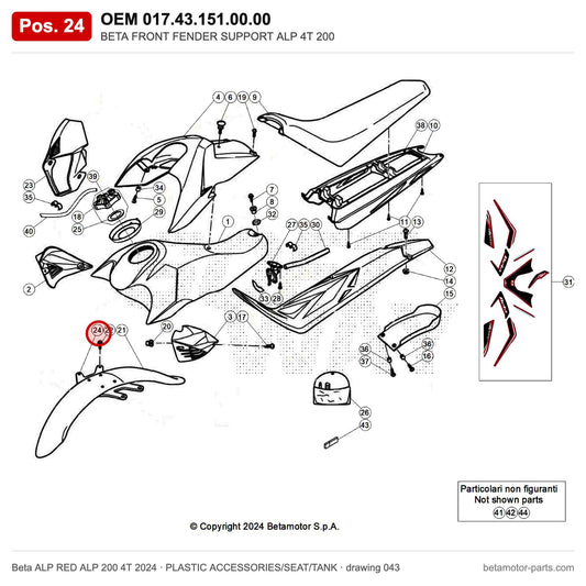 BETA FRONT FENDER SUPPORT ALP 4T 200 – OEM 017.43.151.00.00, position 24 on the Beta ALP RED ALP 200 4T 2024 plastic accessories/seat/tank drawing